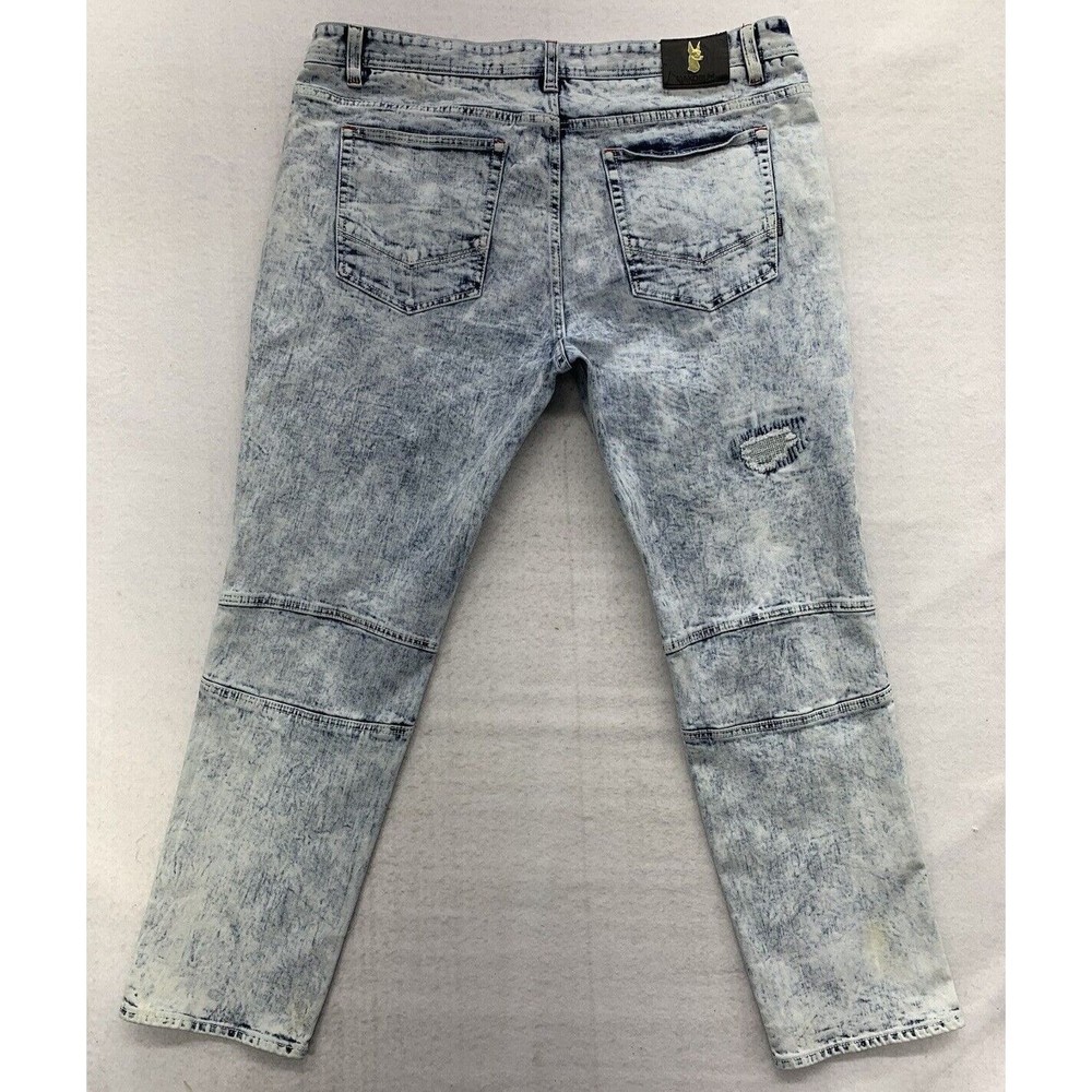 Makobi Denim Jeans Men's 40X32 Stonewash Moto Biker Factory Distressed Destroyed - Picture 2 of 16